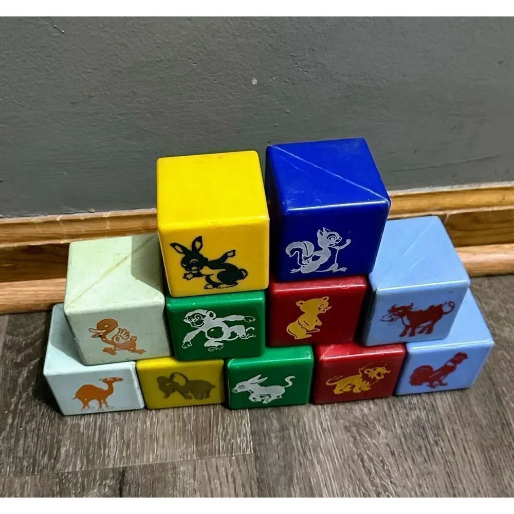 Vintage Plastic Rattle Blocks Multi Colored 2.5” Lot 11 Animals Letters Crafts